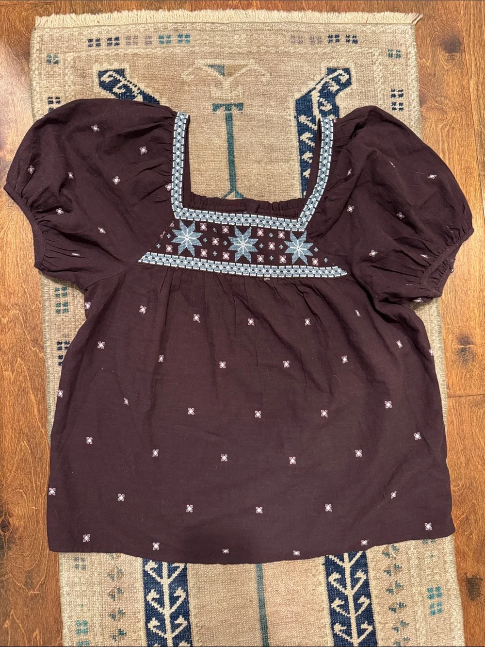 Madewell Purple/Plum Puff Sleeve Embroidered Square-Neck Top